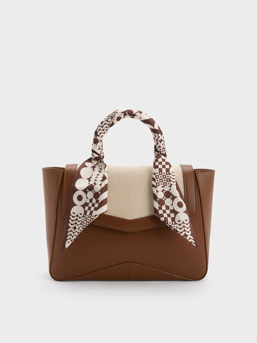 Arley Canvas Scarf-Wrapped Top Handle Bag, Chocolate, hi-res