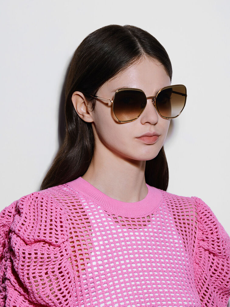 Braided Temple Butterfly Sunglasses, Gold, hi-res