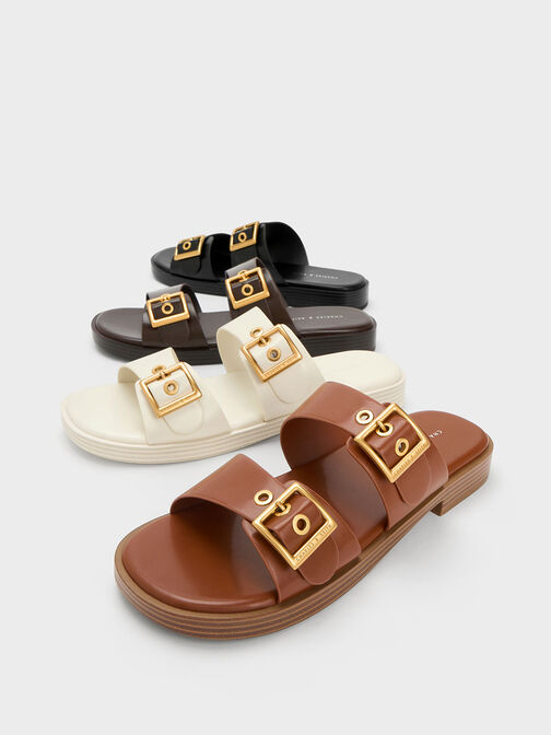 Buckled Double Strap Slide Sandals, Dark Brown, hi-res