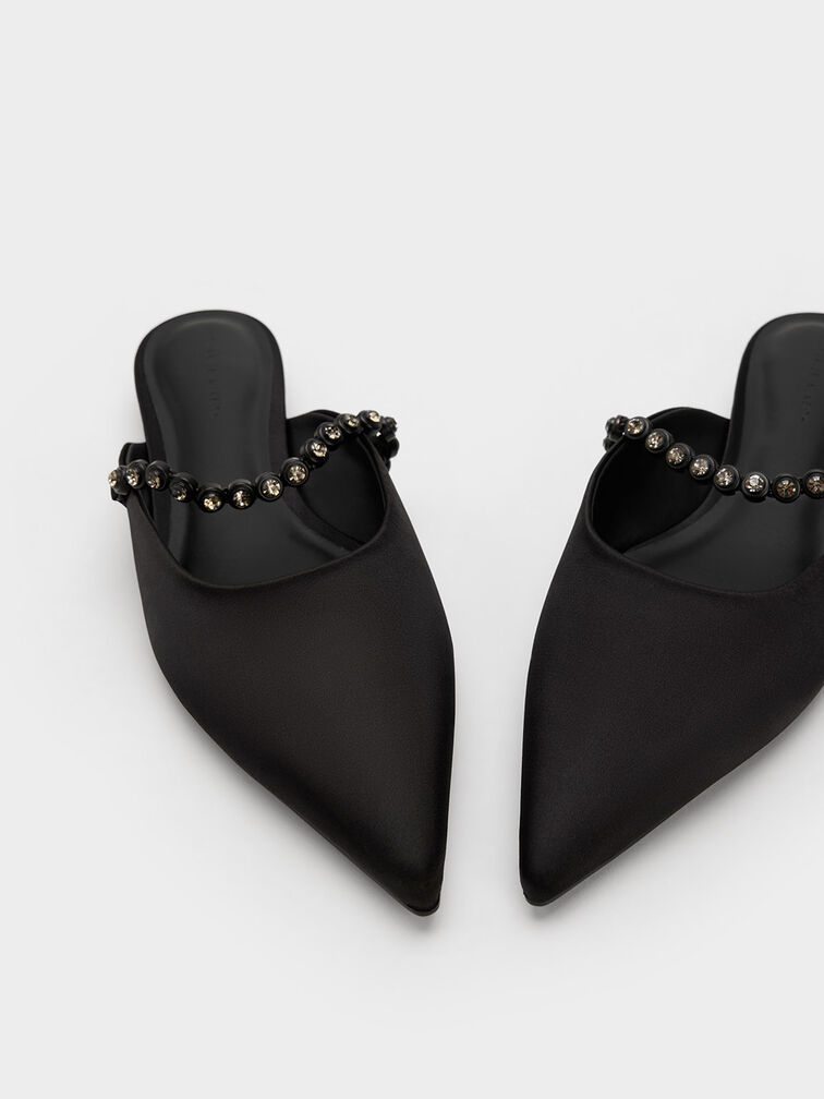 Flores Recycled Polyester Gem-Strap Flat Mules, Black, hi-res