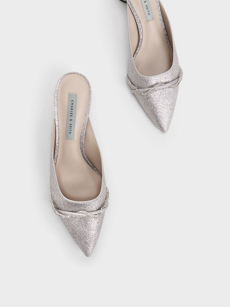 Twist Detail Glittered Mules, Silver, hi-res