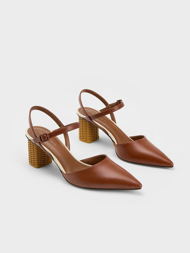 Rattan Block Heel Pumps, Cognac, hi-res