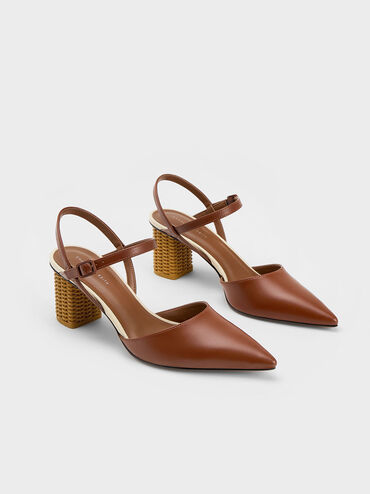 Rattan Block Heel Pumps, Cognac, hi-res