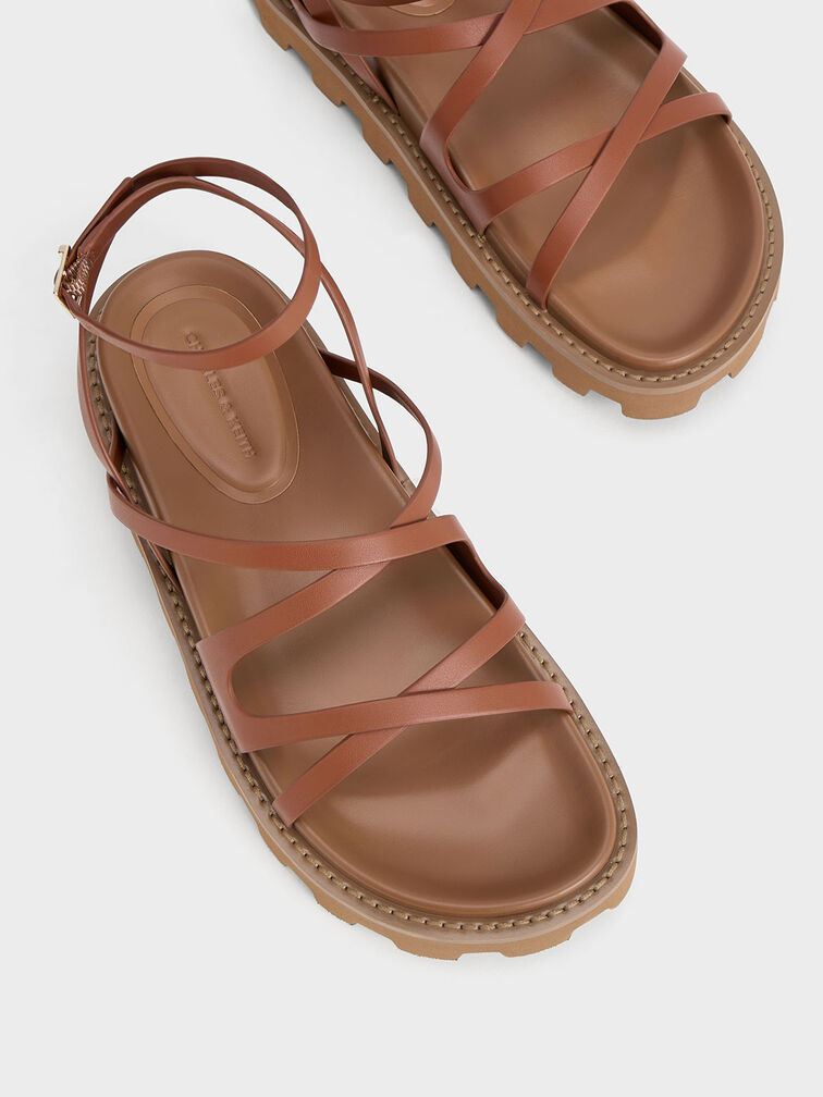 Crossover Ankle-Strap Sandals, Cognac, hi-res