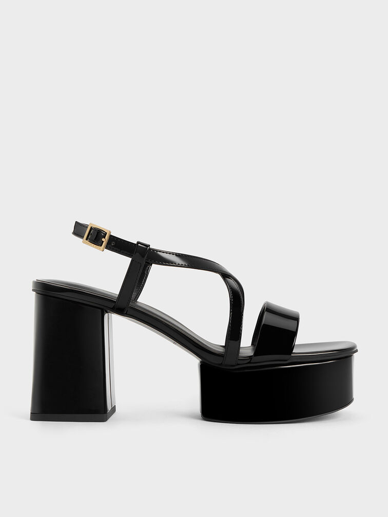 Patent Crossover Strap Platform Sandals, Black Patent, hi-res