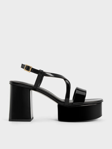 Patent Crossover Strap Platform Sandals, Black Patent, hi-res