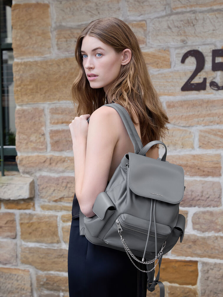 Nylon Puffy Chain-Link Backpack, Grey, hi-res