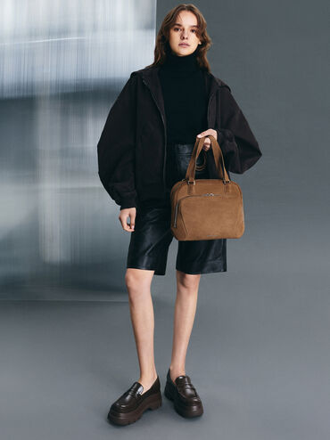 Nelly Recycled Suede Boxy Backpack, Mocha Brown, hi-res