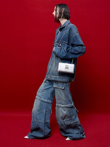 Metallic Crystal-Buckle Belted Chain-Handle Bag, Silver, hi-res
