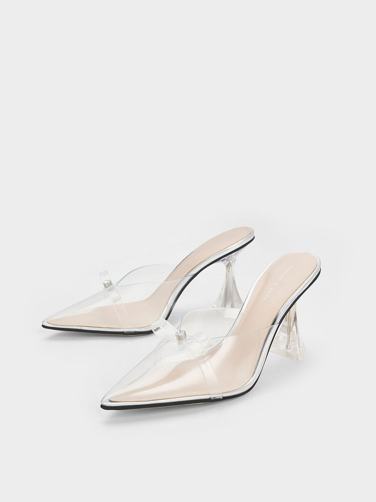 Embellished Bow See-Through Mules, Silver, hi-res
