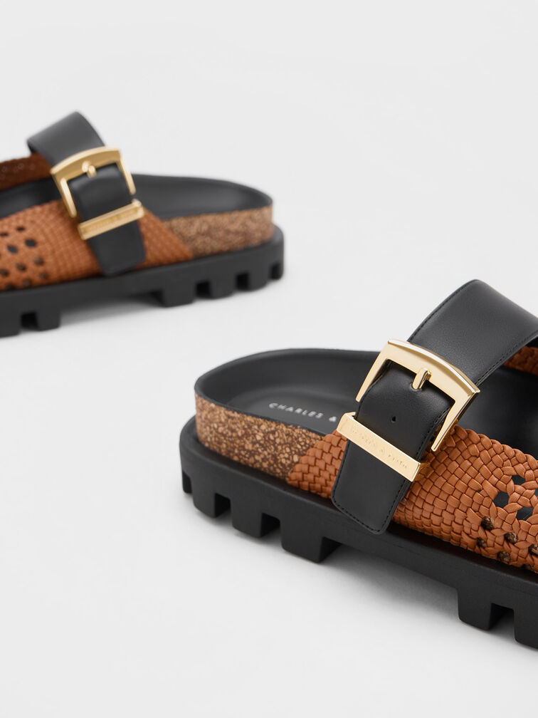 Woven Buckled Flat Mules, Cognac, hi-res