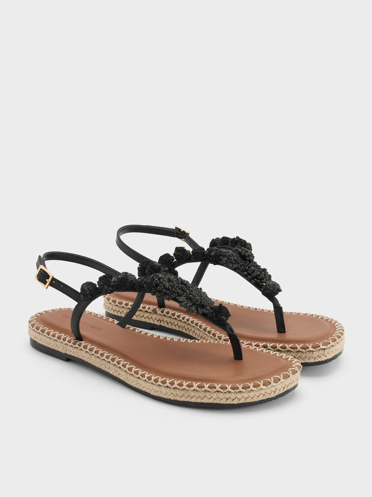 Flower Espadrille Thong Sandals, Black, hi-res