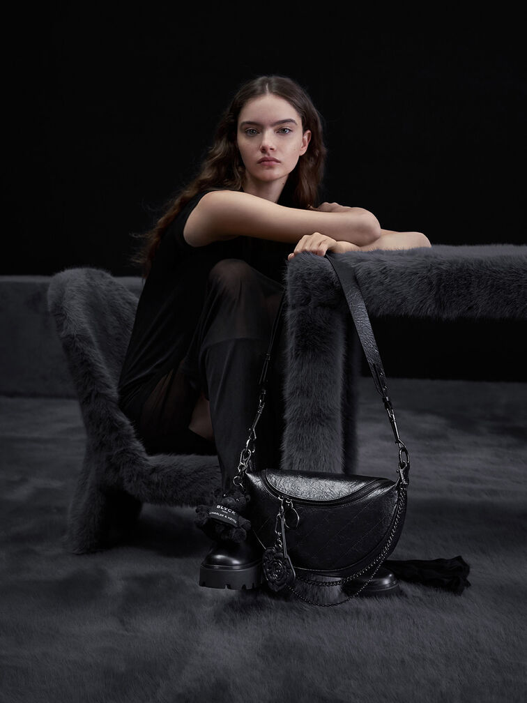 Philomena Rose-Motif Half-Moon Crossbody Bag, Noir, hi-res