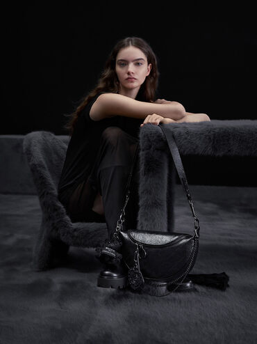 Philomena Rose-Motif Half-Moon Crossbody Bag, Noir, hi-res