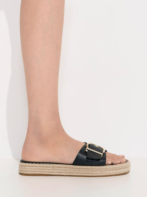 Buckled Espadrille Flat Sandals, Black, hi-res