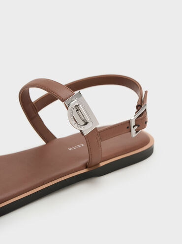 Double Metallic Buckle Sandals, Brown, hi-res