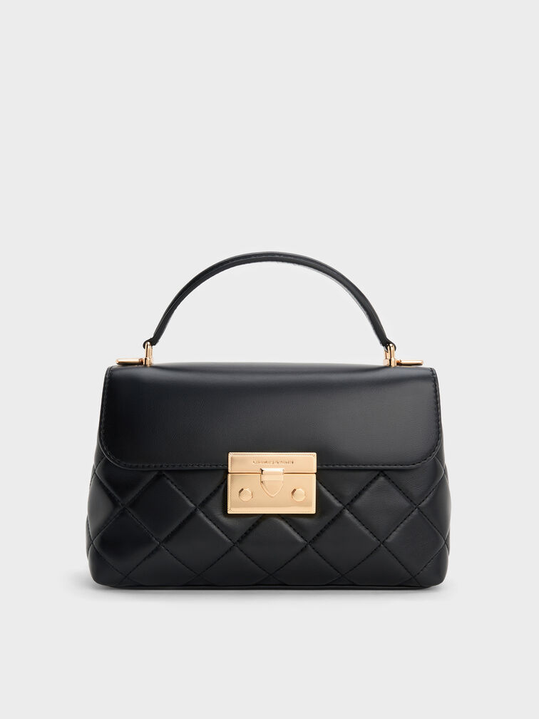 Alva Quilted Top Handle Bag, Black, hi-res