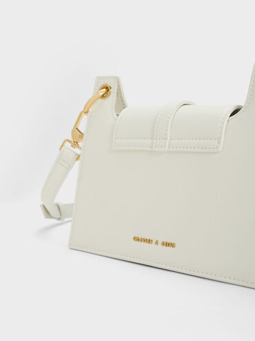 Belted Front Flap Shoulder Bag, White, hi-res