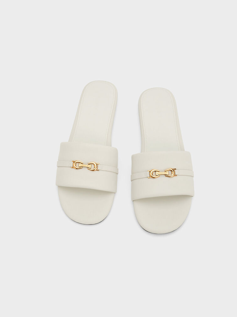 Metallic Accent Round-Toe Slide Sandals, Chalk, hi-res