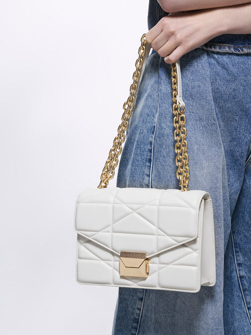 Blanche Chevron Chain Handle Bag, White, hi-res