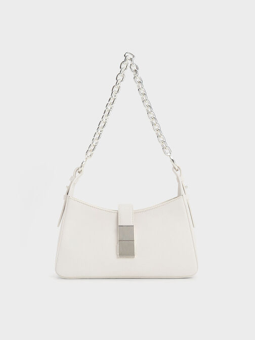 Chain Handle Shoulder Bag, White, hi-res