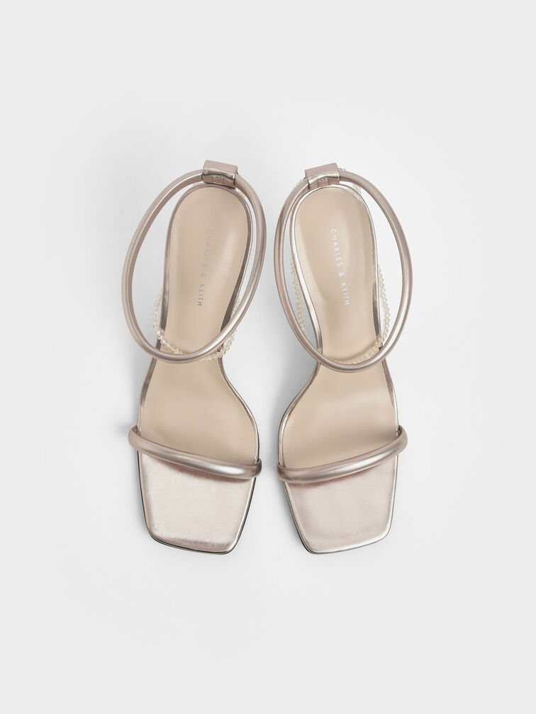 Metallic Beaded Strap Heeled Sandals, Rose Gold, hi-res