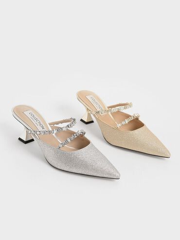 Wedding Collection: Gem-Encrusted Metallic Glittered Mules, Gold, hi-res