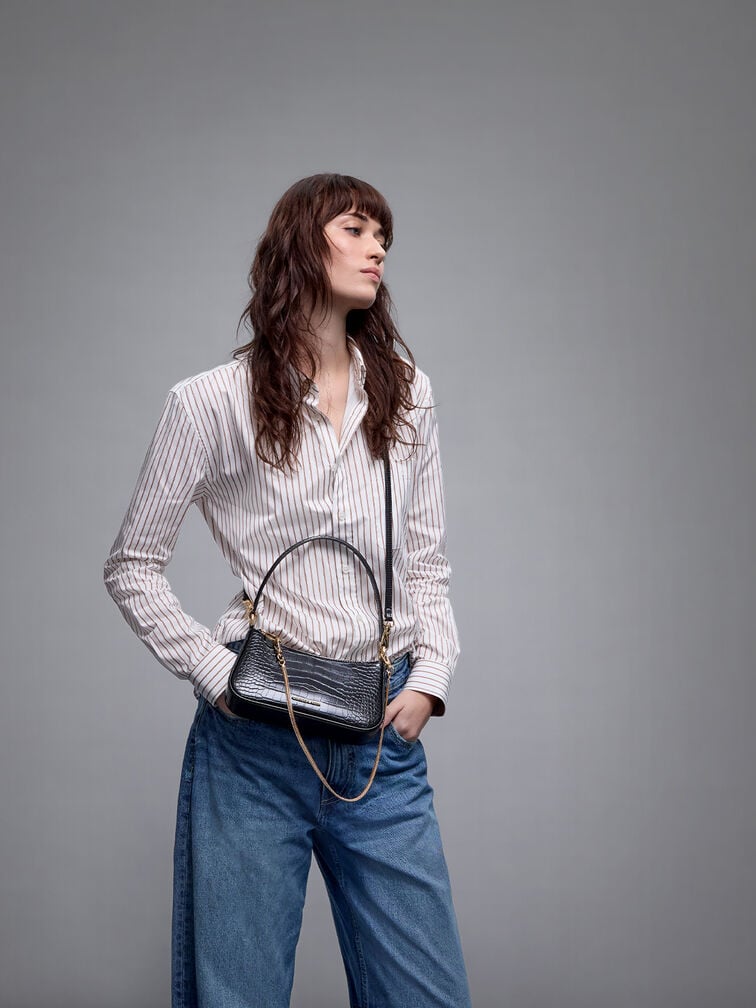 Elspeth Croc-Effect Chain-Link Shoulder Bag, Black Croco, hi-res
