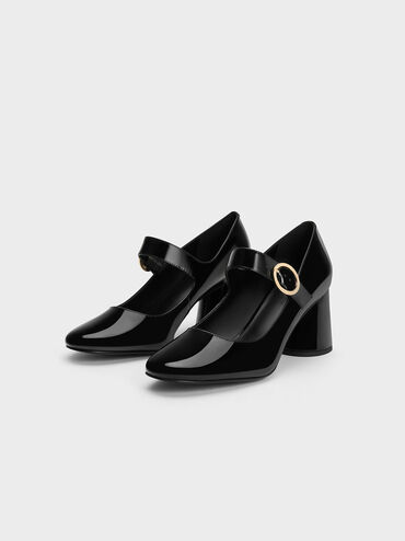 Claudie Patent Cylindrical Block Heel Mary Janes, Black Patent, hi-res