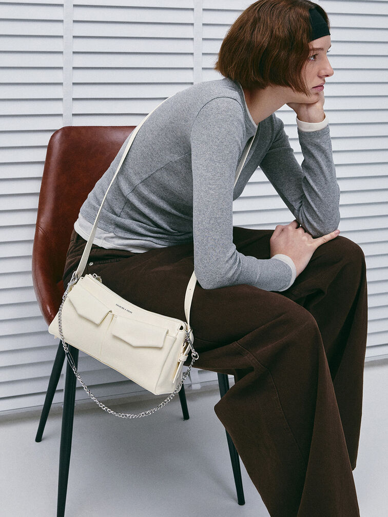 Rachel Elongated Front-Pocket Chain-Handle Bag, Cream, hi-res