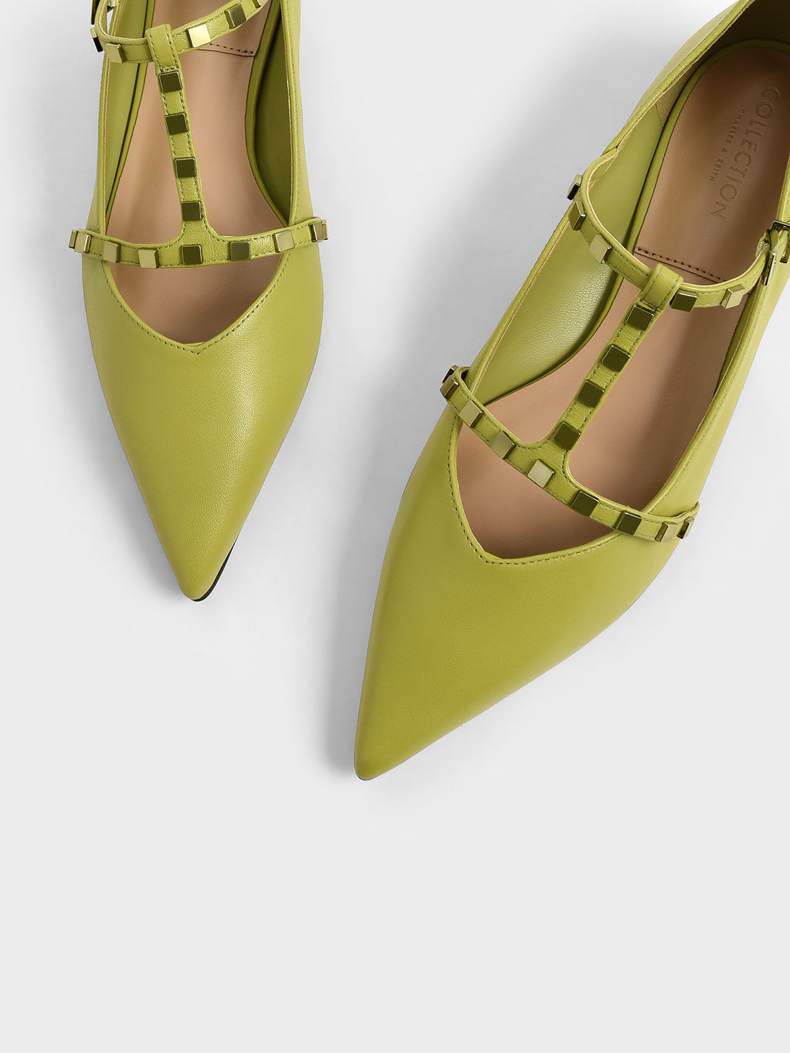 Green Leather Embellished Strappy Ballerina Flats CHARLES KEITH IN