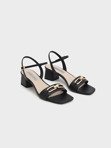 Chain Link Ankle Strap Sandals, Black, hi-res