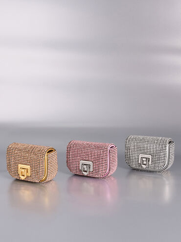 Crystal-Embellished Turn-Lock Mini Bag, Silver, hi-res