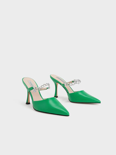 Chain-Link Strap Heeled Mules, Green, hi-res