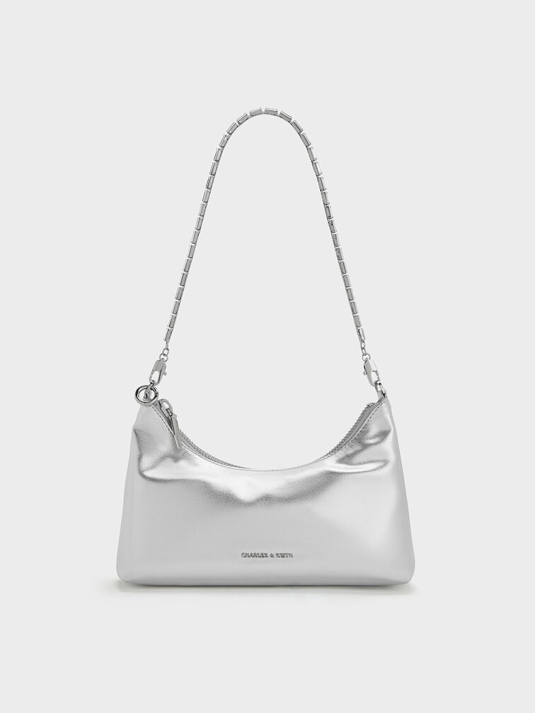 Metallic Crystal-Embellished Chain-Handle Two-Way Bag, Dusk Silver, hi-res