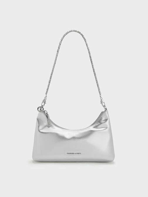 Metallic Crystal-Embellished Chain-Handle Two-Way Bag, Dusk Silver, hi-res