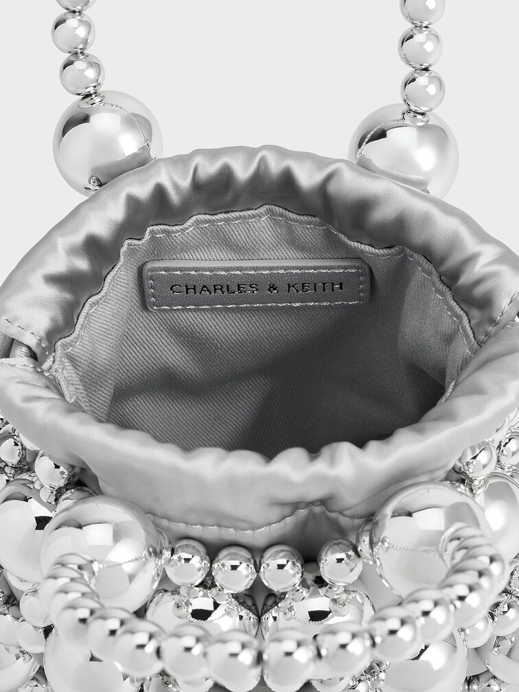 Metallic Beaded Top Handle Bag, Silver, hi-res