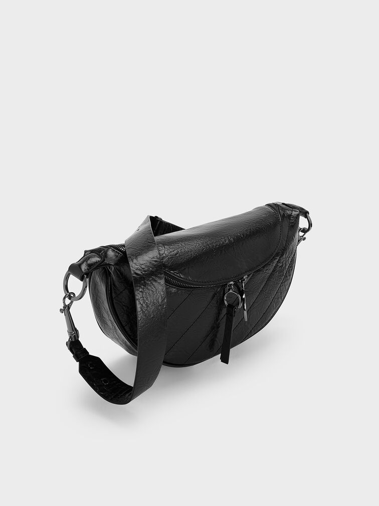 Philomena Rose-Motif Half-Moon Crossbody Bag, Noir, hi-res