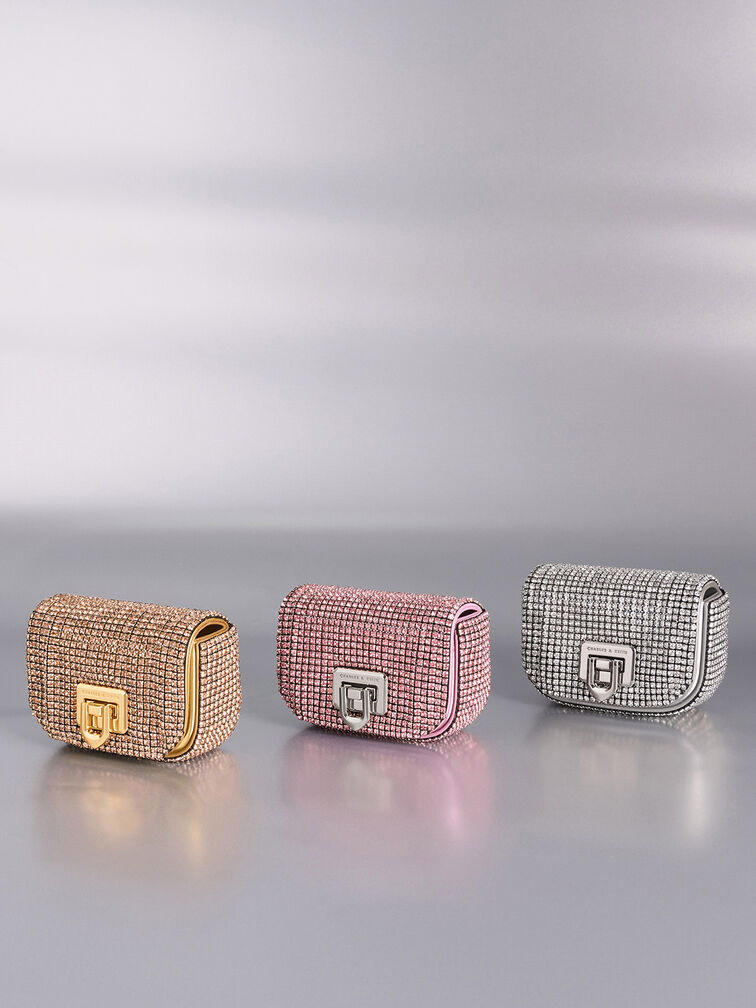 Crystal-Embellished Turn-Lock Mini Bag, Gold, hi-res