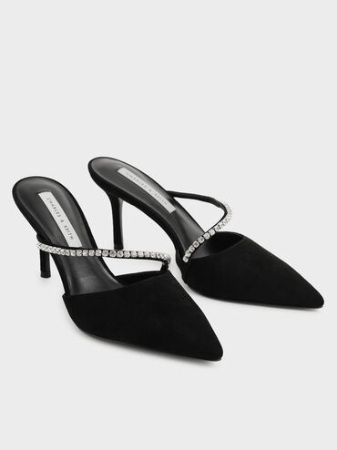 Gem-Encrusted Textured Stiletto Mules, Black, hi-res