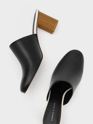 Rattan Block Heel Mules, Black, hi-res
