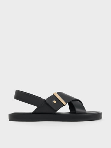 Crossover Back Strap Sandals, Black, hi-res