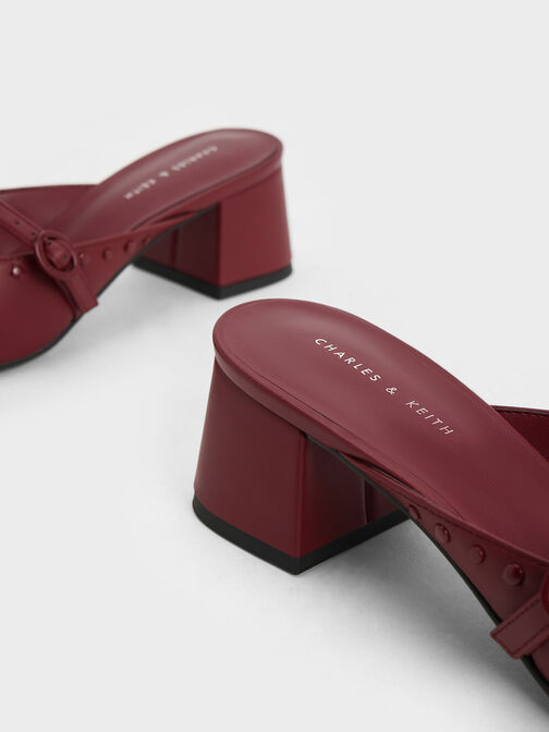 Studded Pointed-Toe Block Heel Mules, Burgundy, hi-res