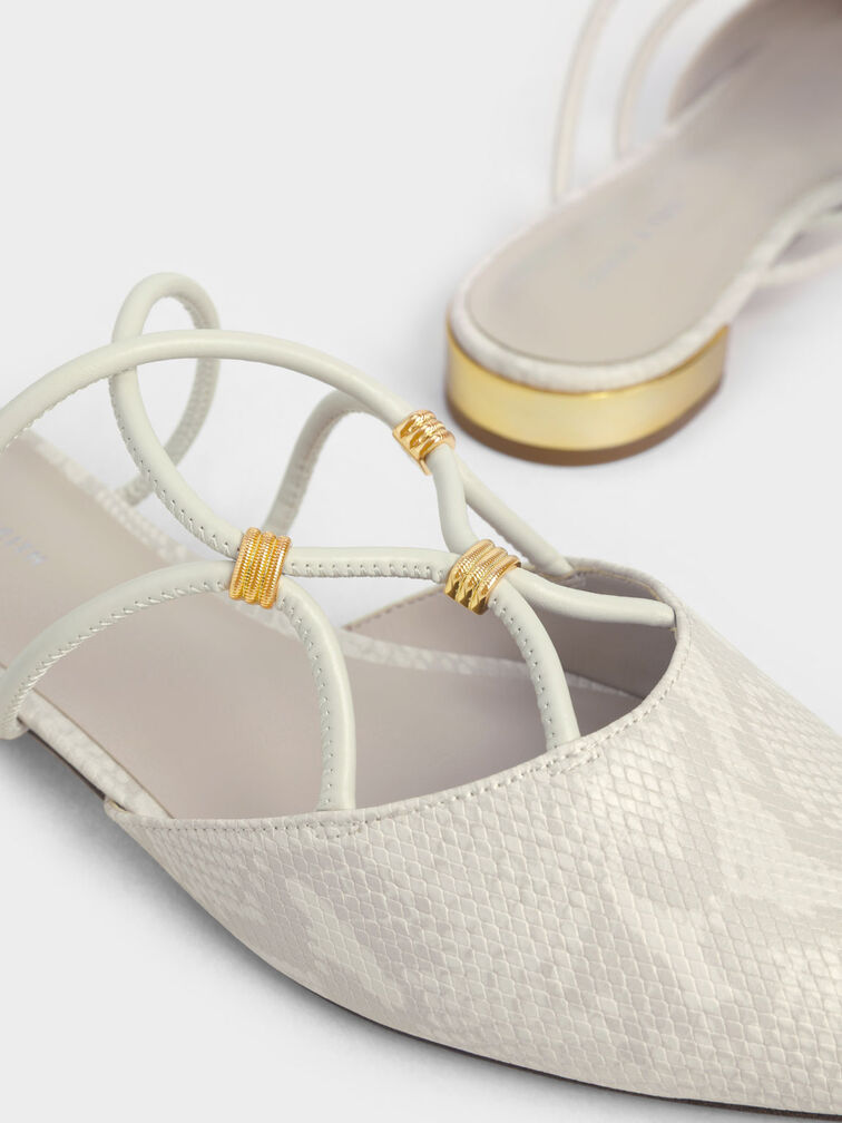 Snake-Print Strappy Flat Mules, Animal Print White, hi-res