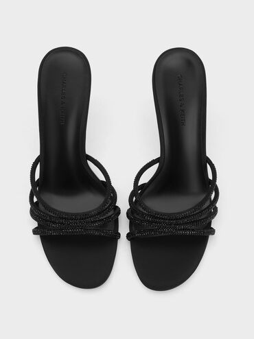Satin Crystal-Embellished Heeled Mules, Black Textured, hi-res