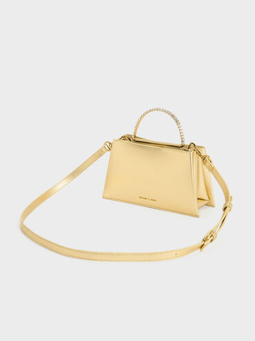 Metallic Leather Gem-Embellished Top Handle Bag, Gold, hi-res