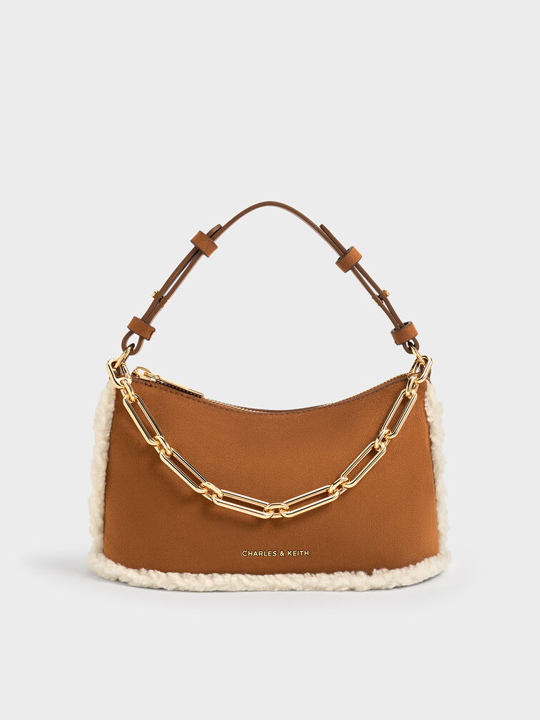 Robyn Faux Suede Fur-Trim Elongated Chain-Handle Bag, Brown, hi-res