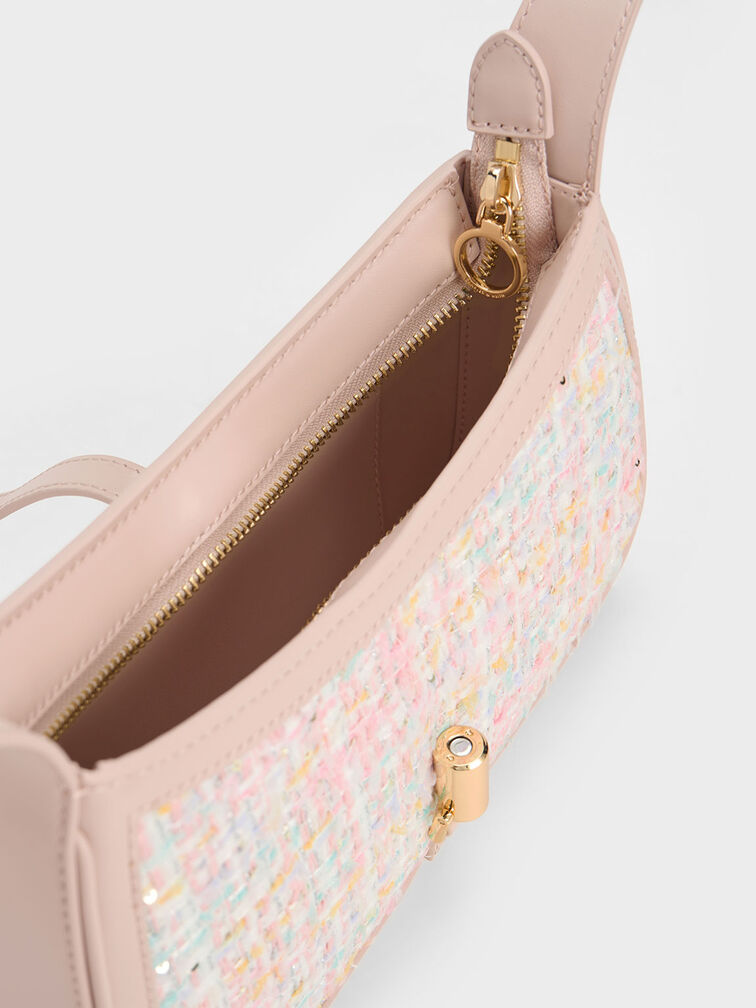 Pink Cesia Metallic Accent Tweed Shoulder Bag - CHARLES & KEITH US