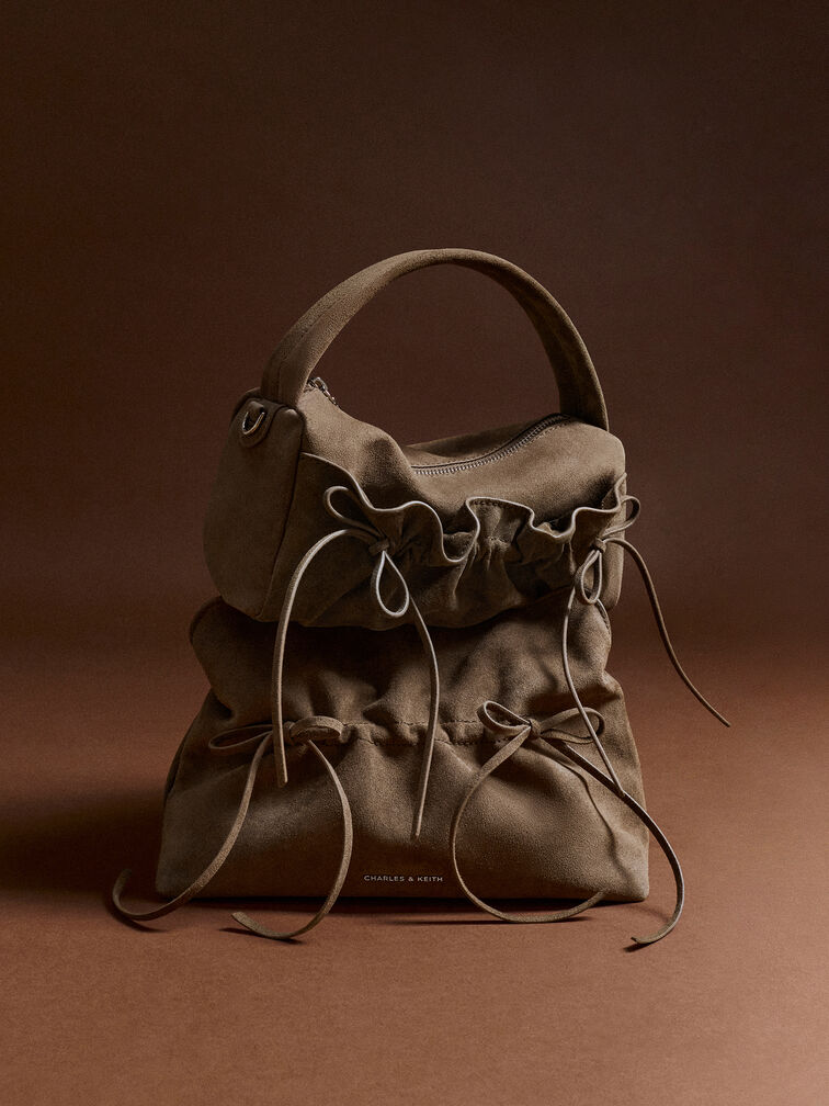 Reese Ruched Bow Top Handle Bag, Stone Grey, hi-res