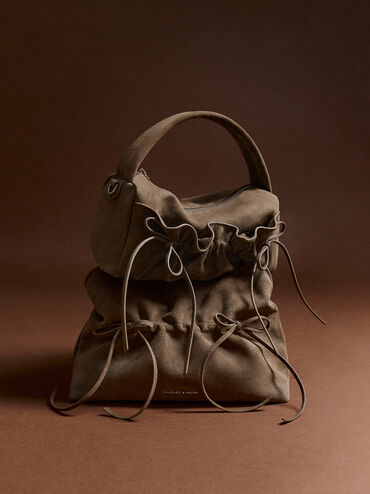 Reese Ruched Bow Top Handle Bag, Stone Grey, hi-res